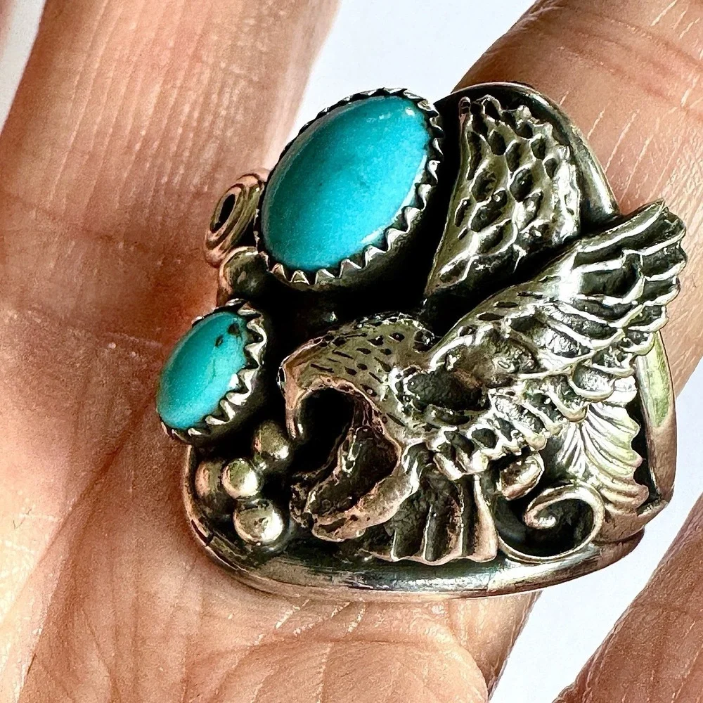 Navajo‎ Eagle Mens Ring Turquoise Sz 11 Signed DM Sterling Native American USA